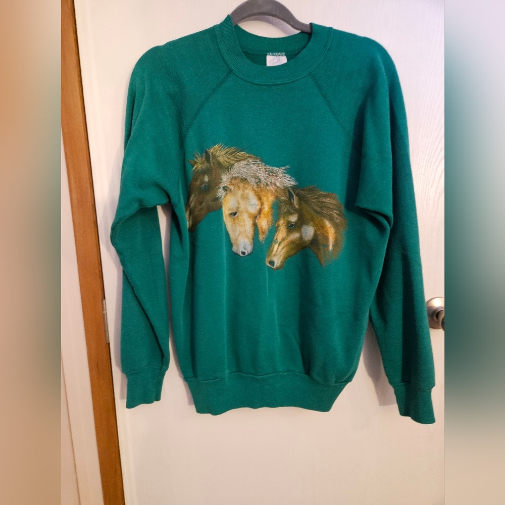Vintage 80's Horse Crew Neck Womens Size XL in Green